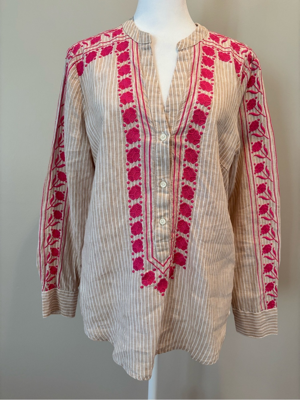 J. Crew Linen Shirt Long Sleeve Tan/White w/Pink Embroidered Design Womens Small